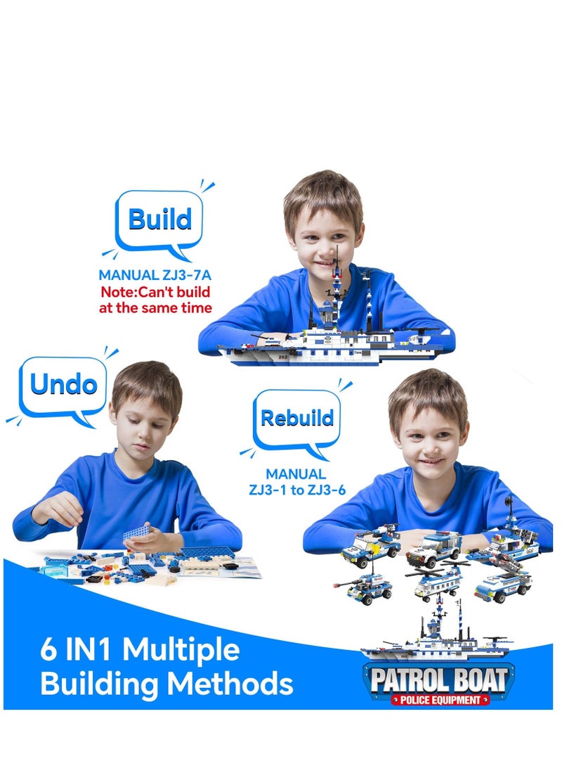 6 in 1 Battleship Building Toy, 1230 Pieces City Police Station Building Kit with Police Car, Patrol Boat, Helicopter, Tank, Construction Toy for Kids Boys Girls