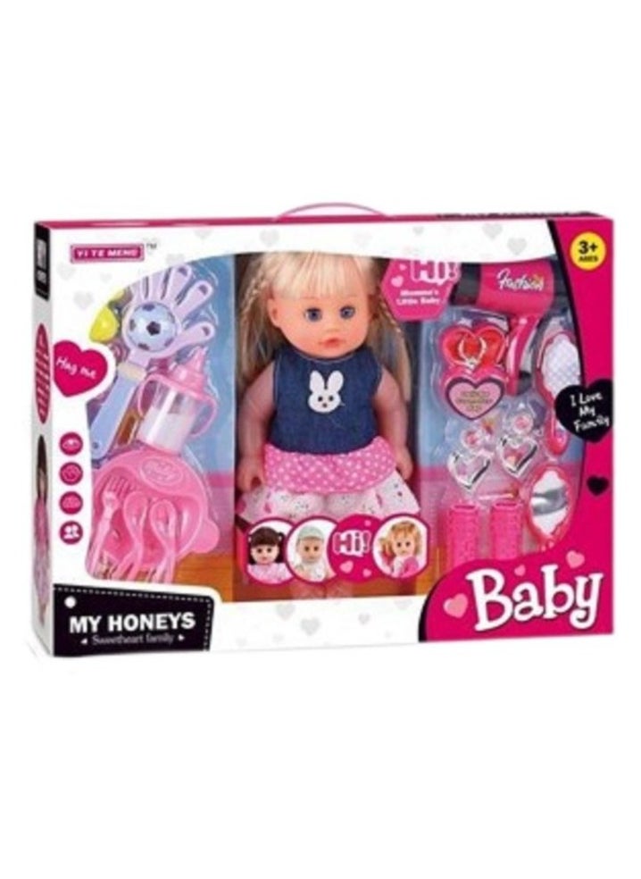 14-Inch Talking Baby Doll Playset with Feeding, Drinking, Blinking, and Dressing Features, Includes Accessories for Role Play, Educational Toy for Kids Aged 3+