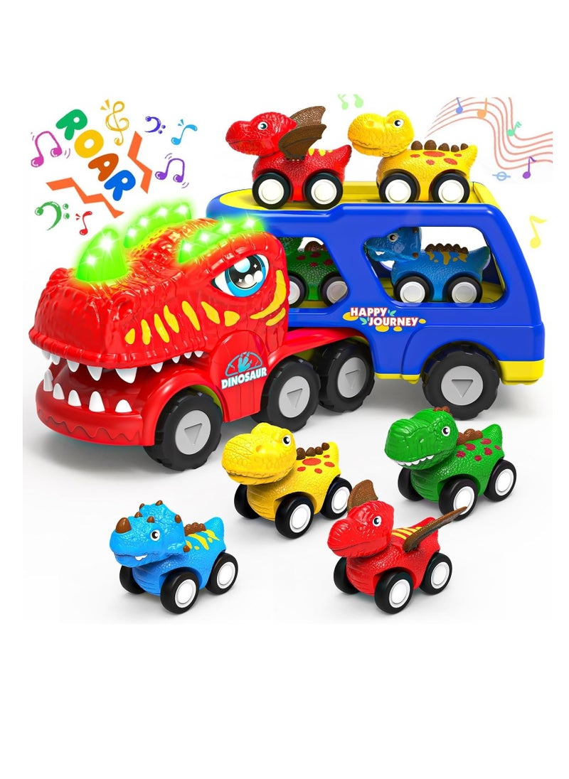 Toddler Car Toys for 1 2 3 4 Year Old Boy Kids Toys, 5-in-1 Dinosaur Transport Carrier Trucks Toys for Boys 1-3 with Sounds & Lights, Toddler Toys for Boys 1-2 2-4 Dinosaur Toys