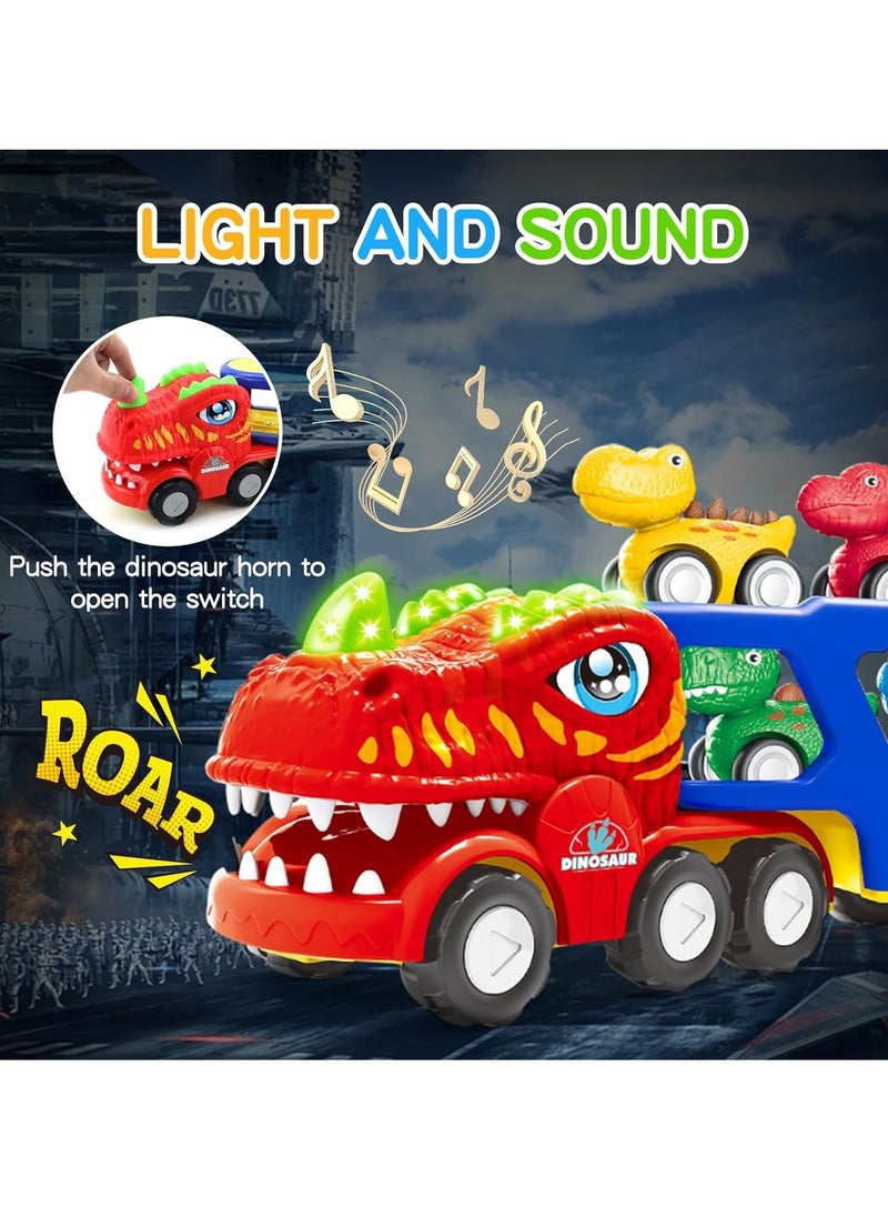 Toddler Car Toys for 1 2 3 4 Year Old Boy Kids Toys, 5-in-1 Dinosaur Transport Carrier Trucks Toys for Boys 1-3 with Sounds & Lights, Toddler Toys for Boys 1-2 2-4 Dinosaur Toys
