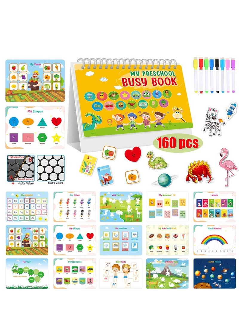 Toys for School Age Toddlers, Reusable Waterproof Busy Books, with 8 Brush Color Pens, Educational Learning Workbooks for Children Developing Fine Motor Skills 15 Topics (160 Pieces)