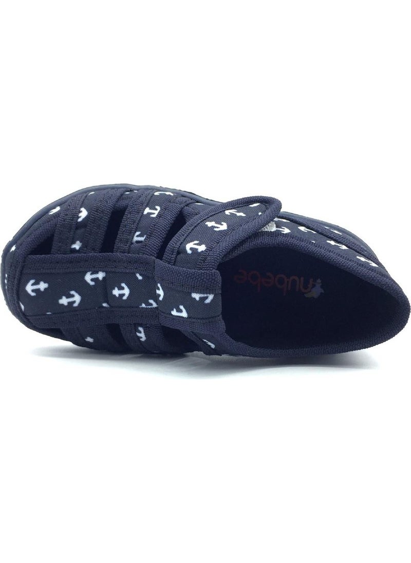 Children's Linen Home Shoes Navy Blue-White