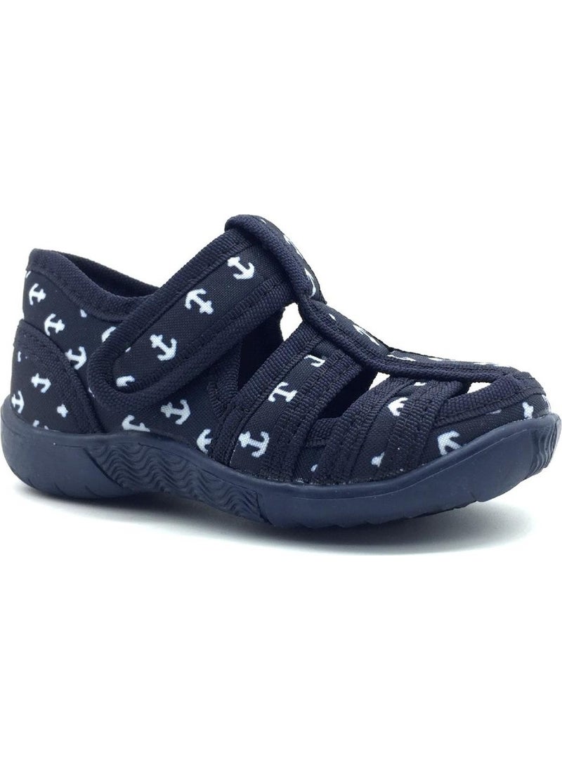 Children's Linen Home Shoes Navy Blue-White