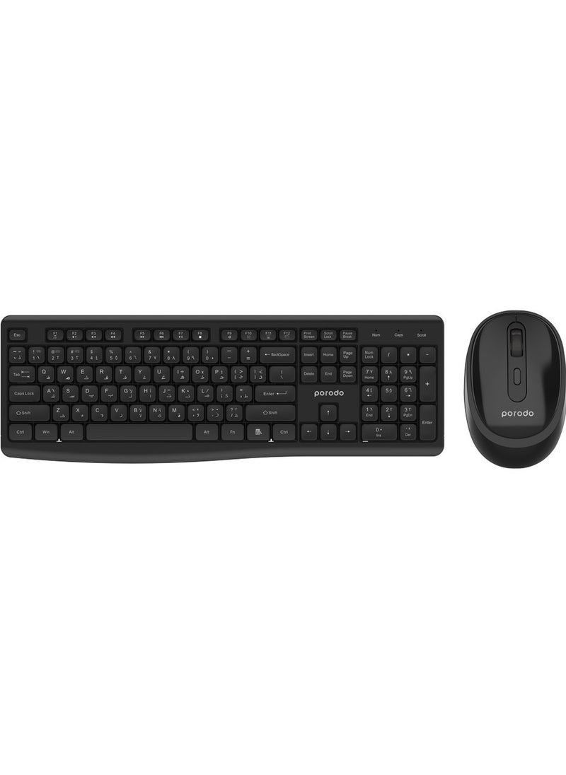 Wireless 2.4G+BT Keyboard & Mouse | 104 Keys Membrane Switch | US & AR Layout | 4-Button Mouse | Adjustable DPI 800/1200/1600 | 2.4G Wireless & Bluetooth | Battery Powered | Black