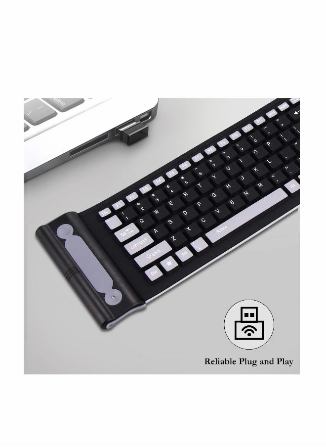 Wireless Silicone Keyboard,  2.4GHz Wireless, Foldable Rollup Keyboard, Waterproof, Dustproof and Lightweight, Perfect for PC, Notebook, Laptop and Travel (Black and Grey)