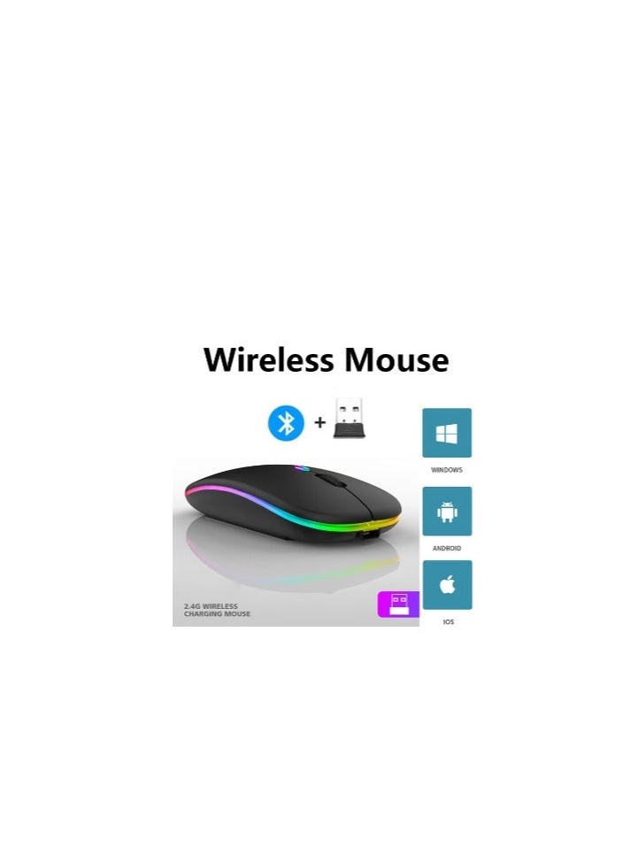 Wireless Bluetooth Mouse, Bluetooth 5.1 + USB, 2.4GHz Rechargeable Silent Bluetooth Wireless Mouse, Computer Mice with USB Receiver(Black)