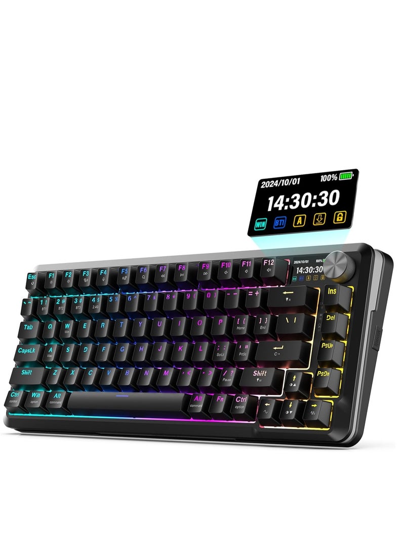 K708 Mechanical Keyboard with Screen & Knob, Tri-Modes Gaming Keyboard BT/2.4G/USB-C, Macro Programmable Mechanical Gaming Keyboard, RGB Backlit, Pre-Lubed Leopard L Switch, 4000mAh Longer Standby