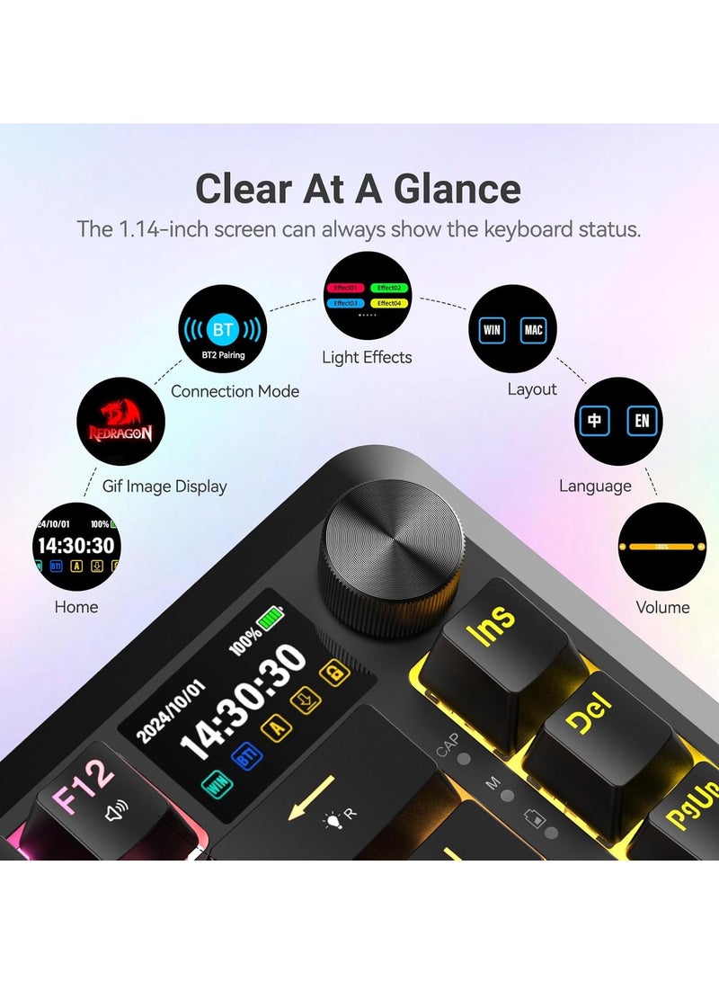 K708 Mechanical Keyboard with Screen & Knob, Tri-Modes Gaming Keyboard BT/2.4G/USB-C, Macro Programmable Mechanical Gaming Keyboard, RGB Backlit, Pre-Lubed Leopard L Switch, 4000mAh Longer Standby