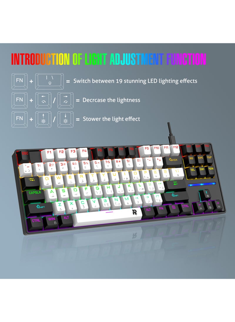 75% Gaming Keyboard Arabic English 87 Keys Mechanical Keyboard with RGB Backlit 19 Modes Wired Mini Keyboard PBT Keycaps for PC Gaming and Working (Blue Switch)