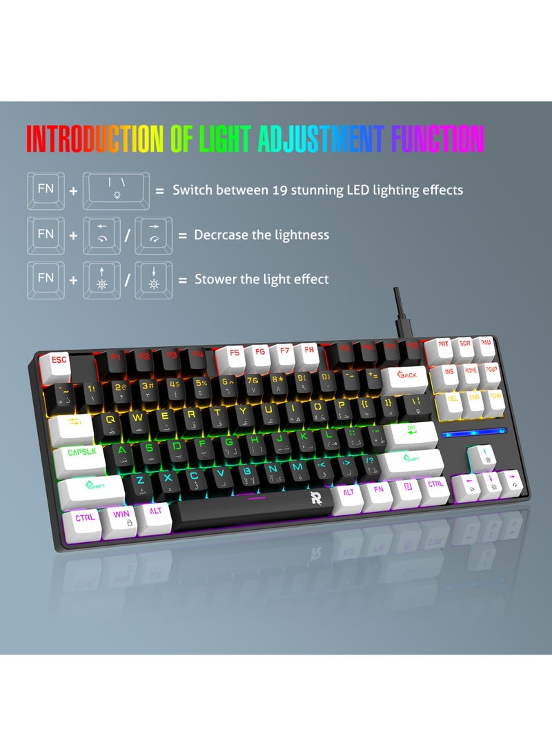 75% Gaming Keyboard Arabic English 87 Keys Mechanical Keyboard with RGB Backlit 19 Modes Wired Mini Keyboard PBT Keycaps for PC Gaming and Working (Red Switch)