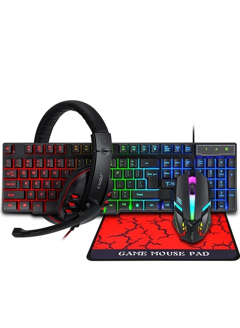 Gaming Keyboard Mouse Headset and Mouse Pad Set - 4 in 1 Luminous T-WOLF TF-800