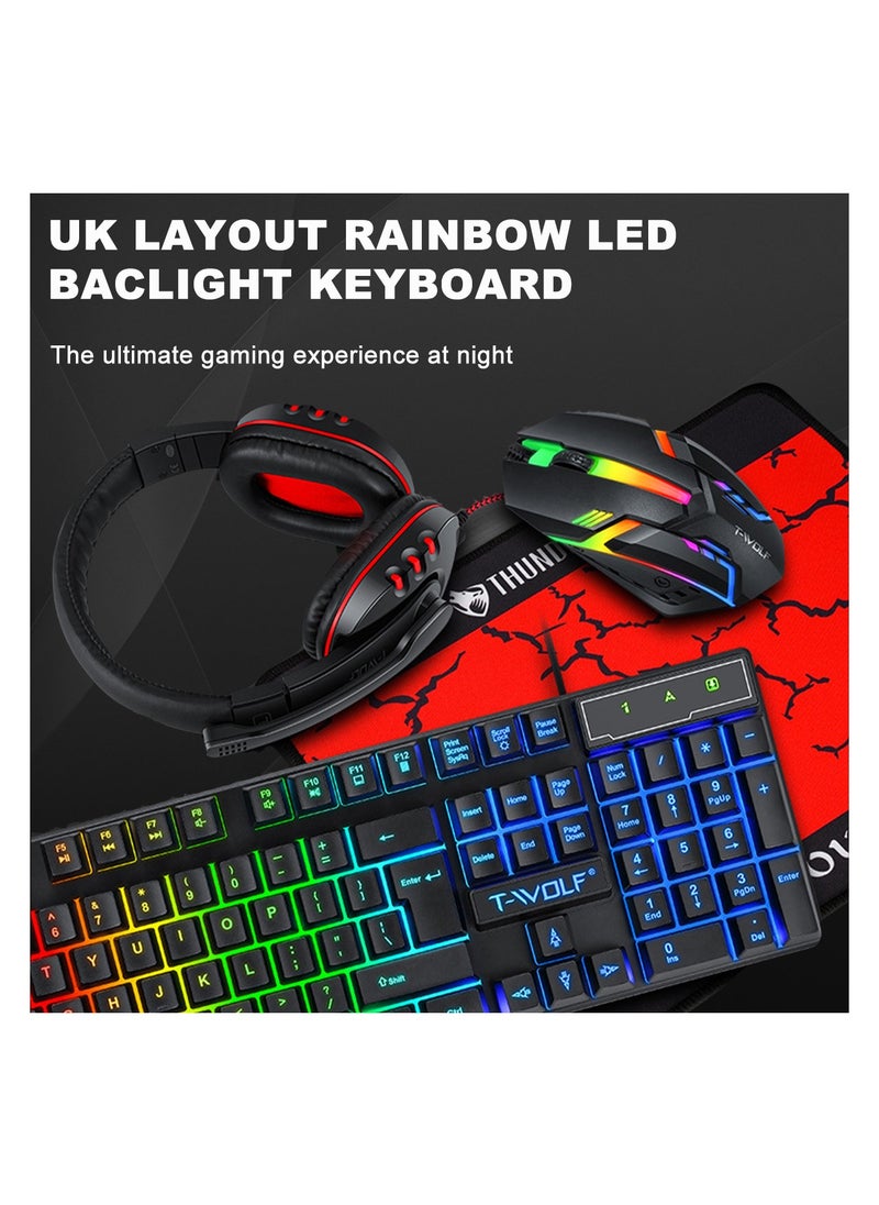 Gaming Keyboard Mouse Headset and Mouse Pad Set - 4 in 1 Luminous T-WOLF TF-800