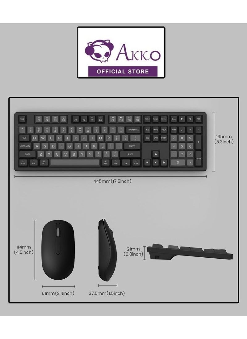 AKKO MX108 Multi-Device Wireless Keyboard & Mouse Combo, MX108 Bluetooth + 2.4G Cordless Wireless for Mac OS and Windows Laptop, Desktop, 108 Keys Full-Size Slim (Black & Silver)