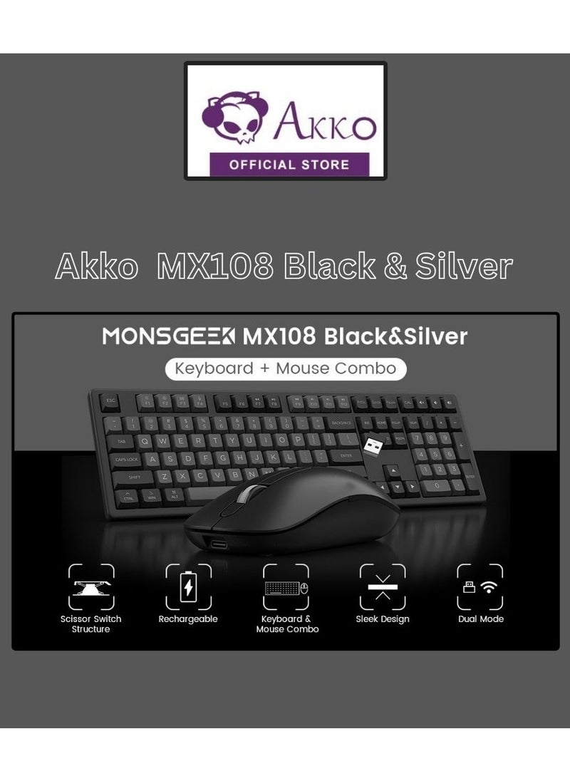 AKKO MX108 Multi-Device Wireless Keyboard & Mouse Combo, MX108 Bluetooth + 2.4G Cordless Wireless for Mac OS and Windows Laptop, Desktop, 108 Keys Full-Size Slim (Black & Silver)