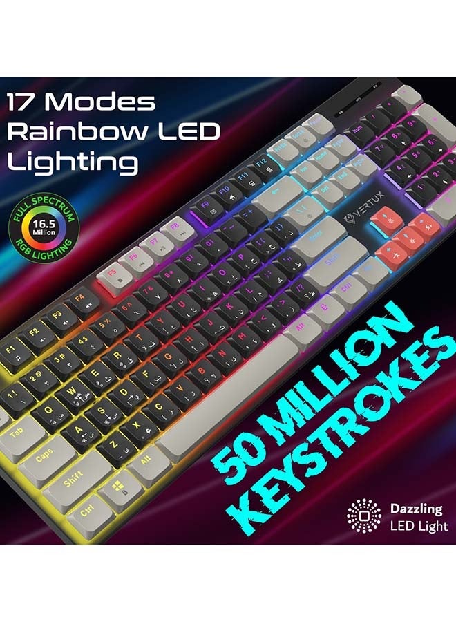 Vertux Full-Size Mechanical Keyboard for Gamers With 17 LED Rainbow Modes, Low-Profile Dust-Proof Keys, Multimedia Function Keys, 26 Anti-Ghost Keys