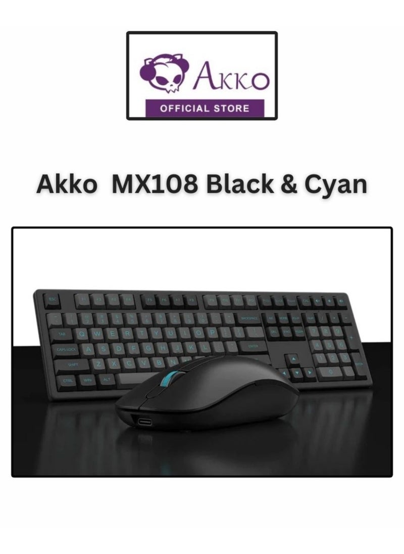 AKKO MX108 Multi-Device Wireless Keyboard & Mouse Combo, MX108 Bluetooth + 2.4G Cordless Wireless for Mac OS and Windows Laptop, Desktop, 108 Keys Full-Size Slim (Black & Cyan)