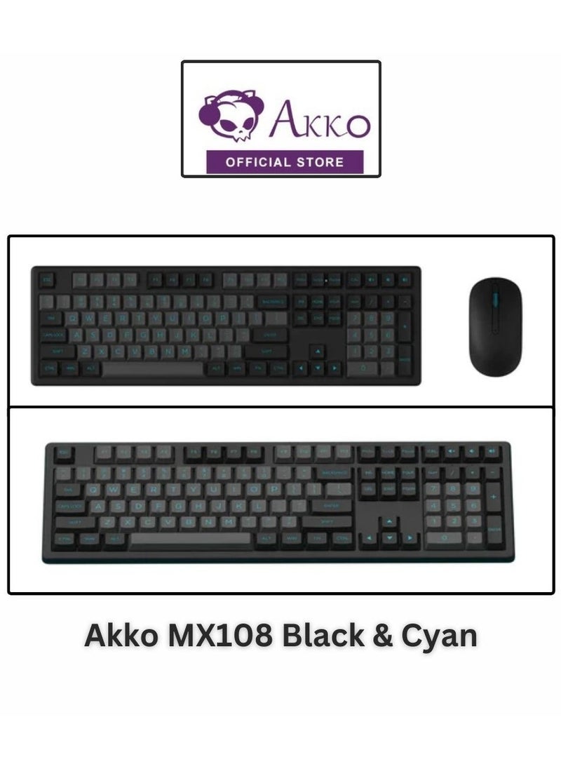 AKKO MX108 Multi-Device Wireless Keyboard & Mouse Combo, MX108 Bluetooth + 2.4G Cordless Wireless for Mac OS and Windows Laptop, Desktop, 108 Keys Full-Size Slim (Black & Cyan)