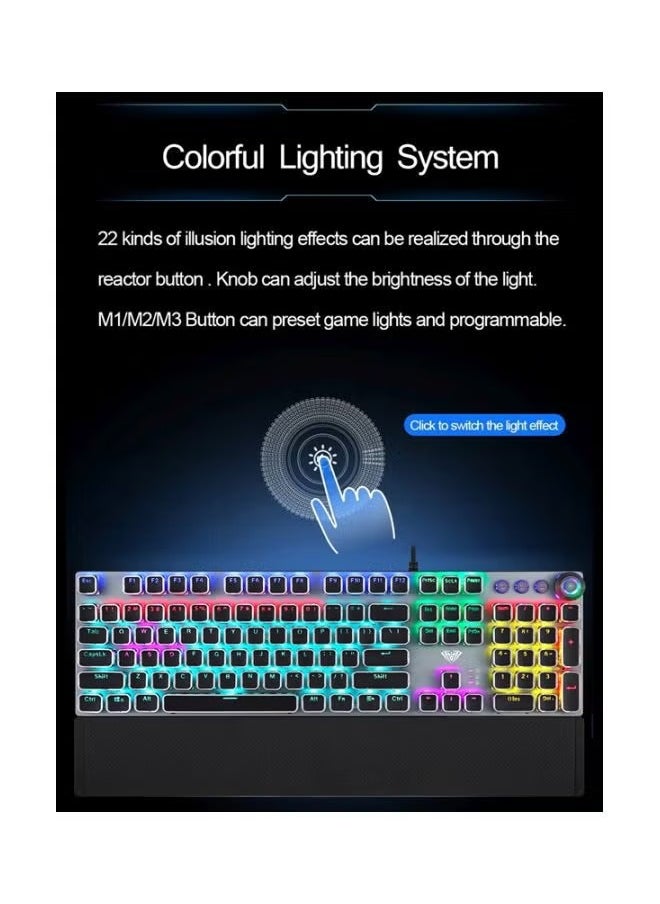 F2088 Wired Gaming Back Lighted Mechanical Keyboard Full Keys Anti-ghosting Multimedia Knob Removable Wrist Rest