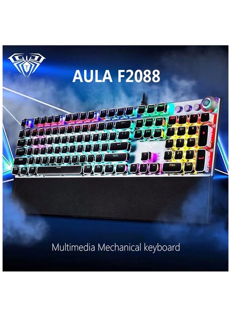 F2088 Wired Gaming Back Lighted Mechanical Keyboard Full Keys Anti-ghosting Multimedia Knob Removable Wrist Rest