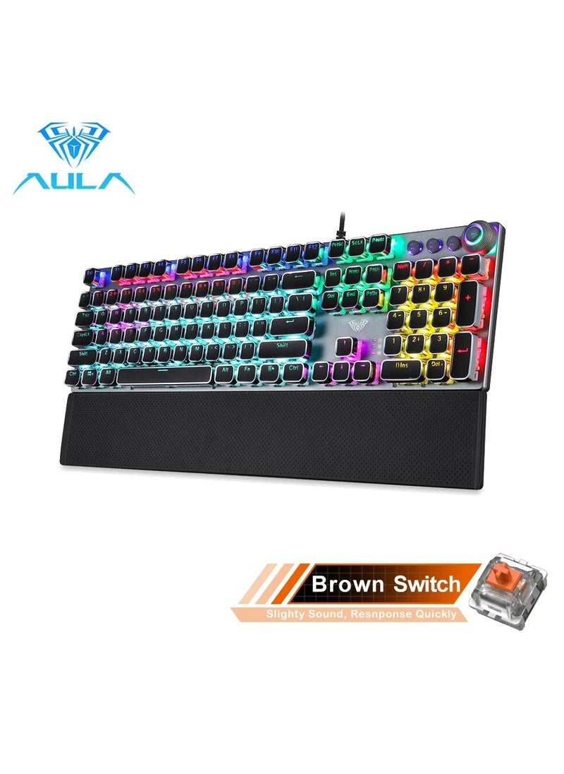 F2088 Wired Gaming Back Lighted Mechanical Keyboard Full Keys Anti-ghosting Multimedia Knob Removable Wrist Rest