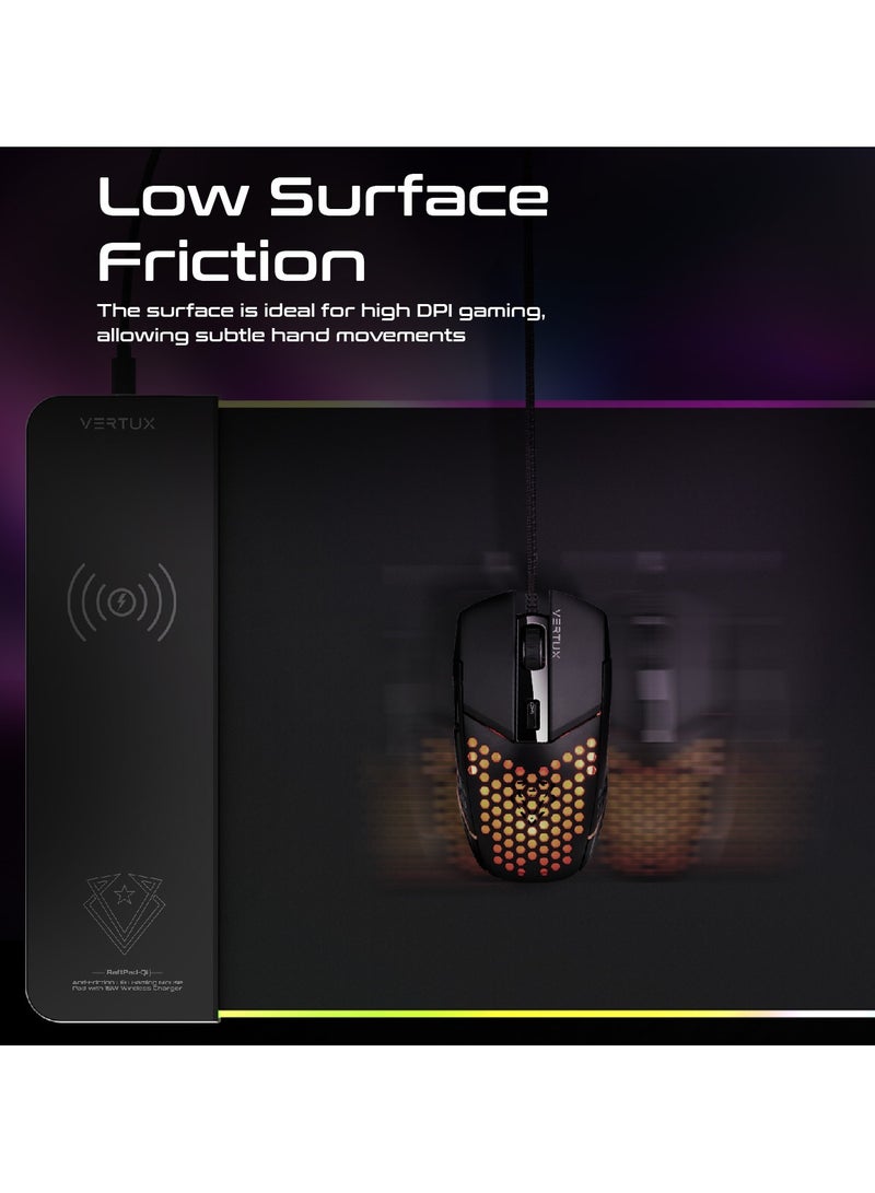 15W Wireless Charging Mouse Pad, Extended Non-Slip Low-Friction Surface Mouse Mat with Built-In Fast Qi Charging Pad, LED Lighting Effects, for Gamers, Smartphones, Home or Office, RaftPad-Qi Black