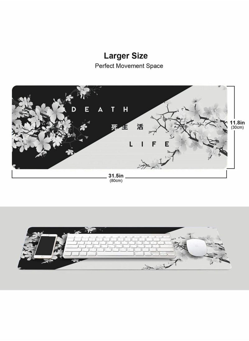 Gaming Mouse Pad Black and White Cherry Blossom,Extended Large Mouse Mat Desk Pad, Stitched Edges Mousepad, Long Non-Slip Rubber Base Mice Pad(31.5x11.8x0.12 Inch)