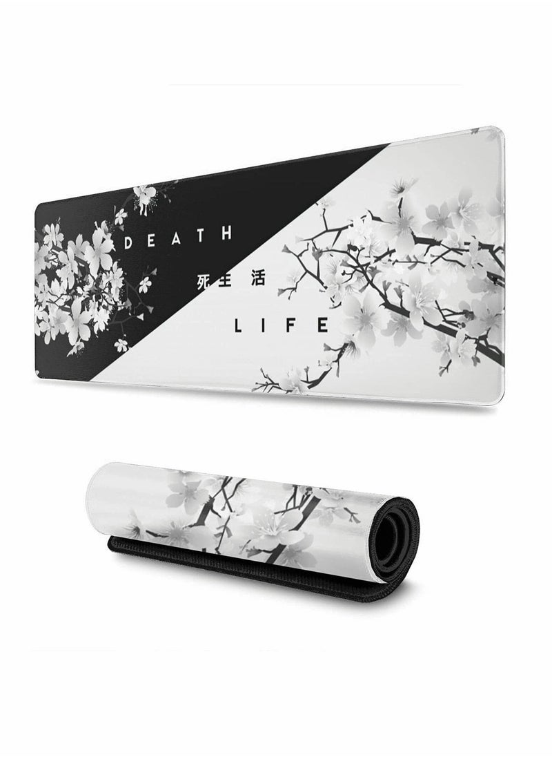 Gaming Mouse Pad Black and White Cherry Blossom,Extended Large Mouse Mat Desk Pad, Stitched Edges Mousepad, Long Non-Slip Rubber Base Mice Pad(31.5x11.8x0.12 Inch)