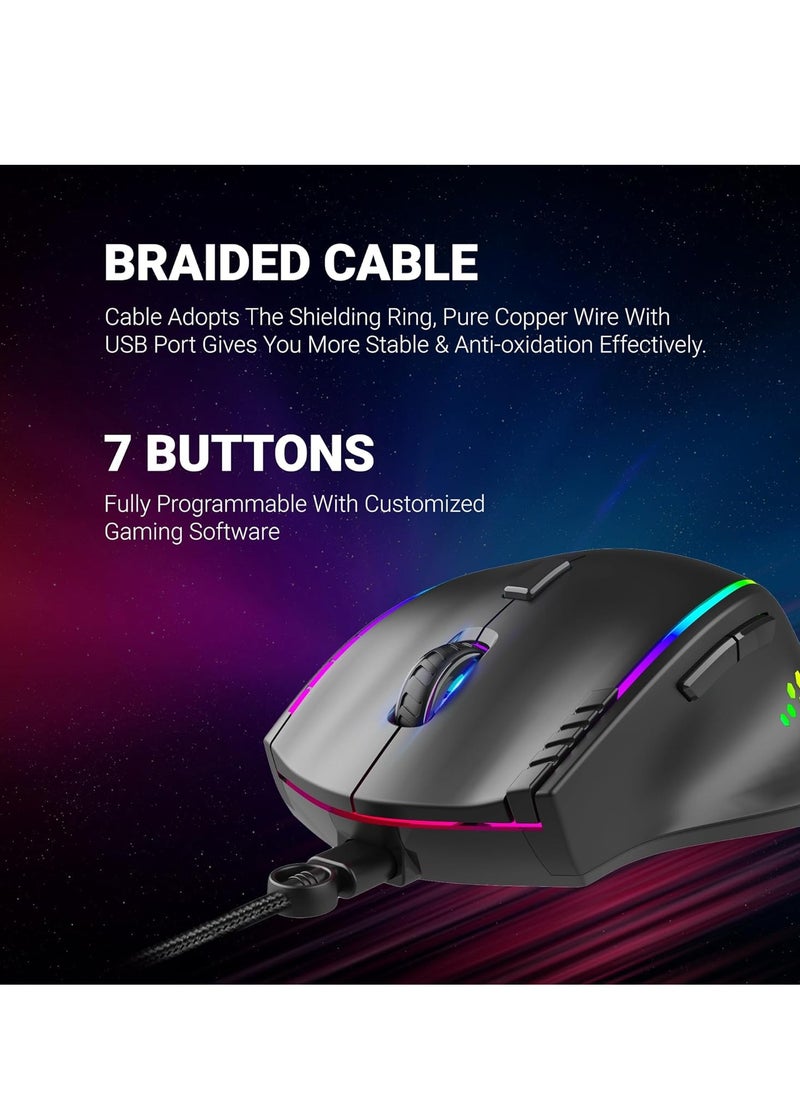 GM600 RGB Wired Programmable Gaming Mouse | 7200 DPI Optical Sensor | HUANO Mouse Switches | 7-Button Design with Macros Support | Ergonomic USB Mouse for PC/Laptop