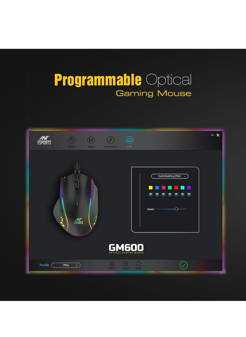 GM600 RGB Wired Programmable Gaming Mouse | 7200 DPI Optical Sensor | HUANO Mouse Switches | 7-Button Design with Macros Support | Ergonomic USB Mouse for PC/Laptop