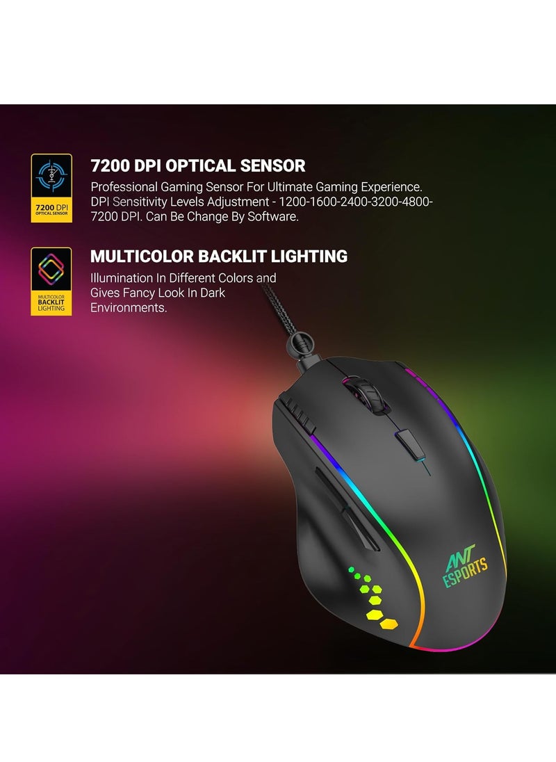 GM600 RGB Wired Programmable Gaming Mouse | 7200 DPI Optical Sensor | HUANO Mouse Switches | 7-Button Design with Macros Support | Ergonomic USB Mouse for PC/Laptop