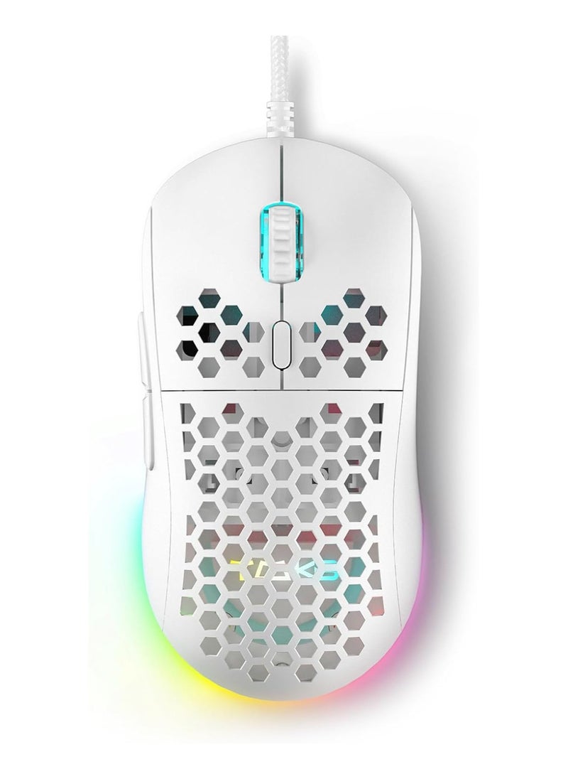 Wired Gaming Mouse with Honeycomb Shell, 12800DPI Optical Sensor, 6 Programmable Macros, Software Support for Custom Key Config, and RGB Settings for Windows 7/8/10/XP, Vista, Linux-White