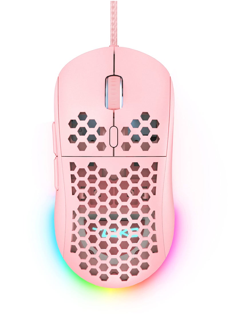 Wired Gaming Mouse with Honeycomb Shell, 12800DPI Optical Sensor, 6 Programmable Macros, Software Support for Custom Key Config, and RGB Settings for Windows 7/8/10/XP, Vista, Linux-Pink