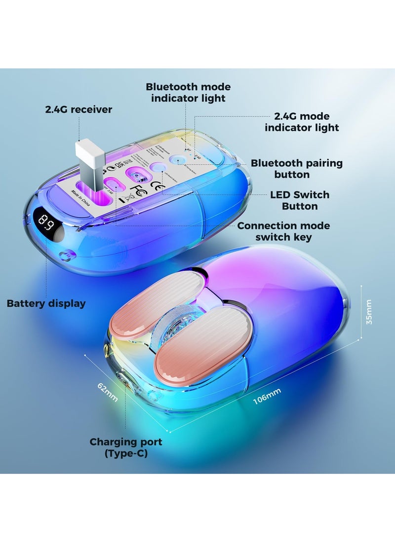 Bluetooth 2.4G Wireless USB Mouse Transparent, RGB LED Aesthetics Rechargeable Dual Mode Backlit Mouse with Crystal Hard Shell, Display Lighting for Computer, Laptop, MacBook, PC