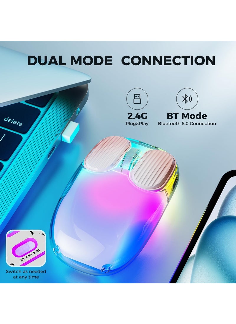 Bluetooth 2.4G Wireless USB Mouse Transparent, RGB LED Aesthetics Rechargeable Dual Mode Backlit Mouse with Crystal Hard Shell, Display Lighting for Computer, Laptop, MacBook, PC