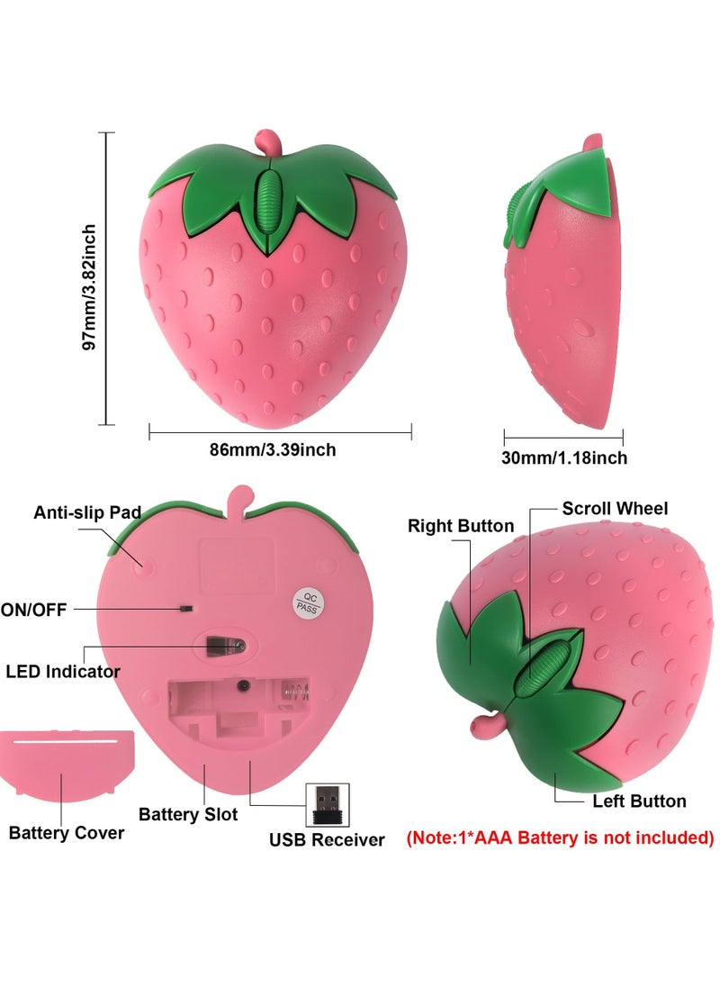 Wireless Bluetooth Mouse, 2.4GHz & Bluetooth Dual Mode 1000DPI Optical Computer Mouse, Cute Strawberry Shape Mouse with USB Receiver, Portable Quiet Mice for Laptop, PC, Computer, Pink