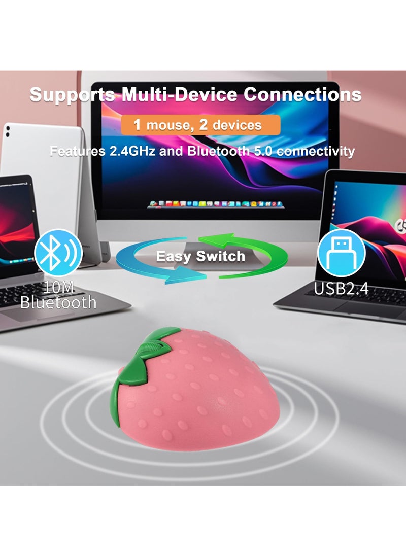 Wireless Bluetooth Mouse, 2.4GHz & Bluetooth Dual Mode 1000DPI Optical Computer Mouse, Cute Strawberry Shape Mouse with USB Receiver, Portable Quiet Mice for Laptop, PC, Computer, Pink