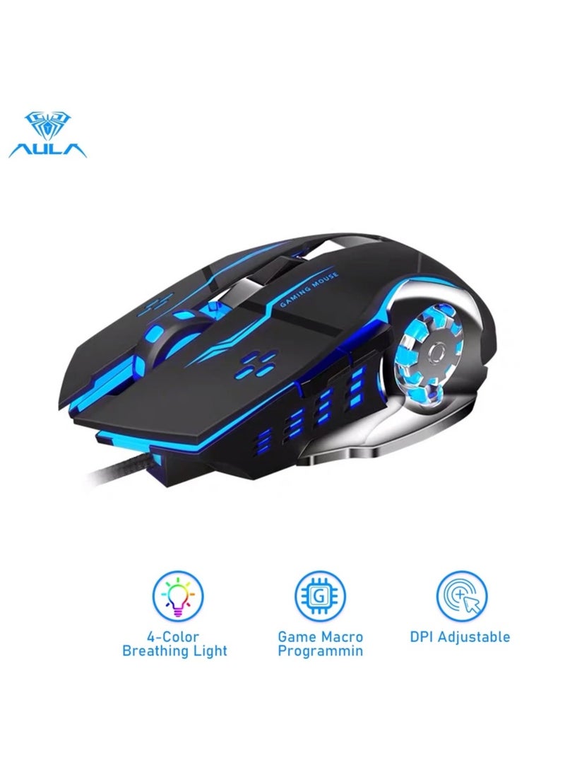 AULA S20 Gaming Mouse, Wired USB Computer Mouse with RGB LED Backlit, DPI Adjustable, PC Gaming Mice with 6 Programmable Macro Buttons for Desktop, Laptop, PC, Mac - Black