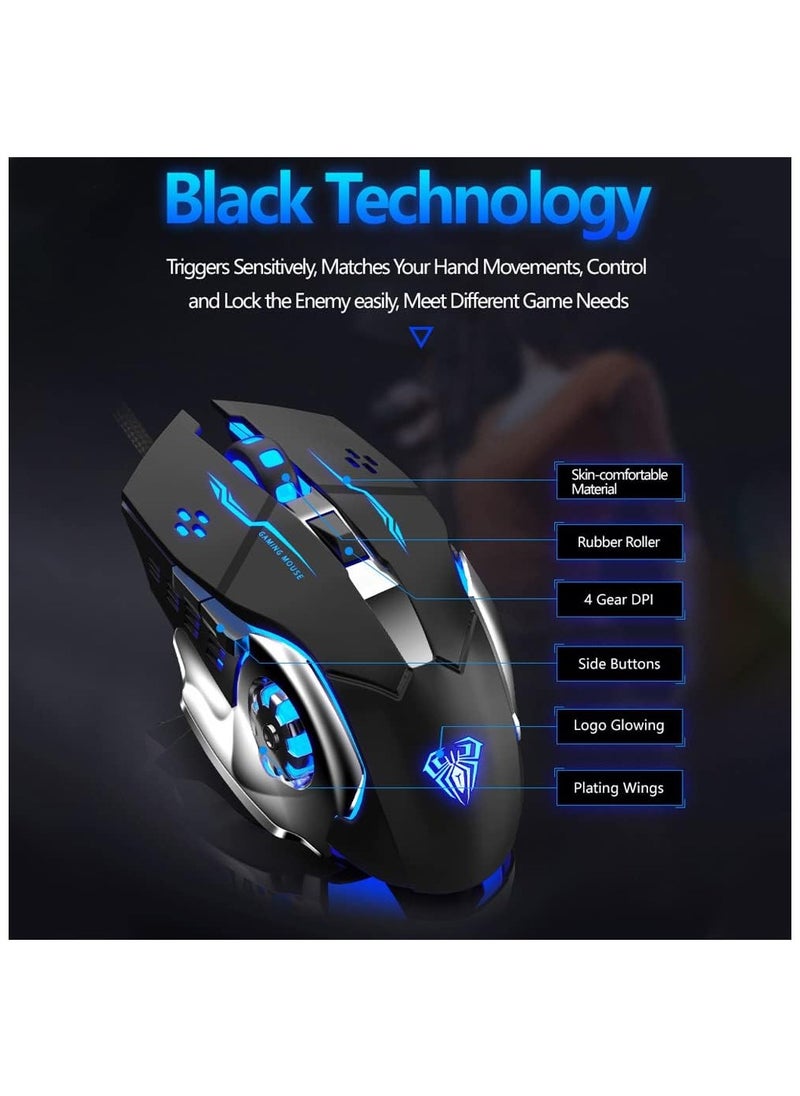 AULA S20 Gaming Mouse, Wired USB Computer Mouse with RGB LED Backlit, DPI Adjustable, PC Gaming Mice with 6 Programmable Macro Buttons for Desktop, Laptop, PC, Mac - Black