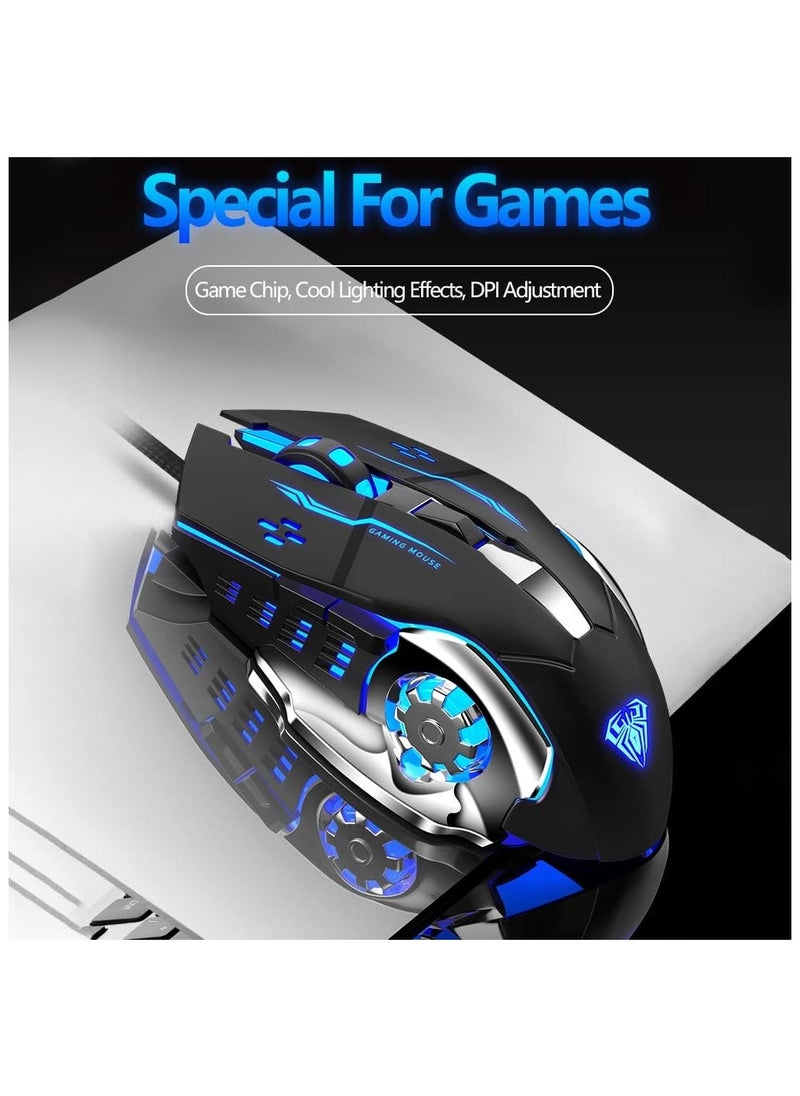 AULA S20 Gaming Mouse, Wired USB Computer Mouse with RGB LED Backlit, DPI Adjustable, PC Gaming Mice with 6 Programmable Macro Buttons for Desktop, Laptop, PC, Mac - Black