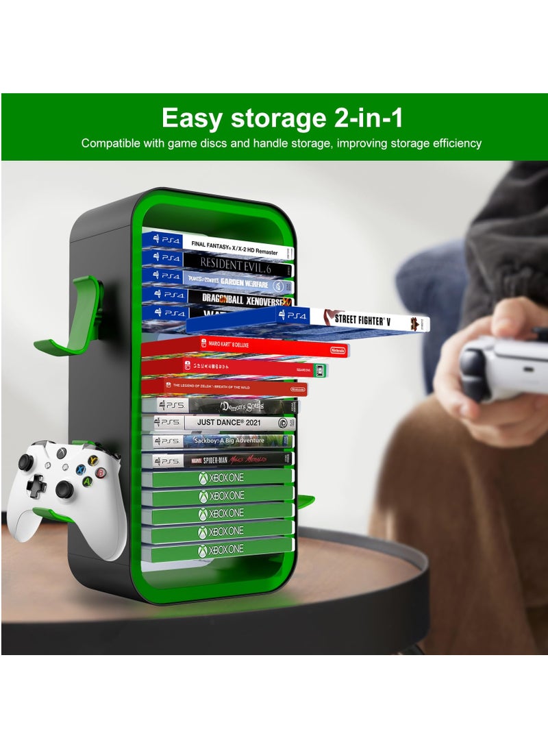 Video Games Discs Organizers, PS5 Slim Stand, Game Storage Tower Compatible with PS5/ Xbox Series S & X/ Switch, with 4 Controllers Holder, Game Disk Box Stand