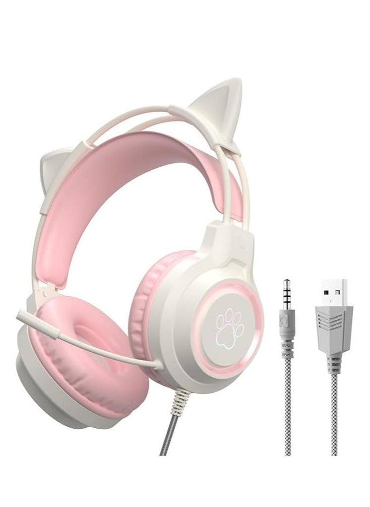 Wired Gaming Headset with Microphone, Professional eSports Noise Cancellation Headset Glows Clear Speech Luminescence Cat Ears Cat Slap Headphones Pink