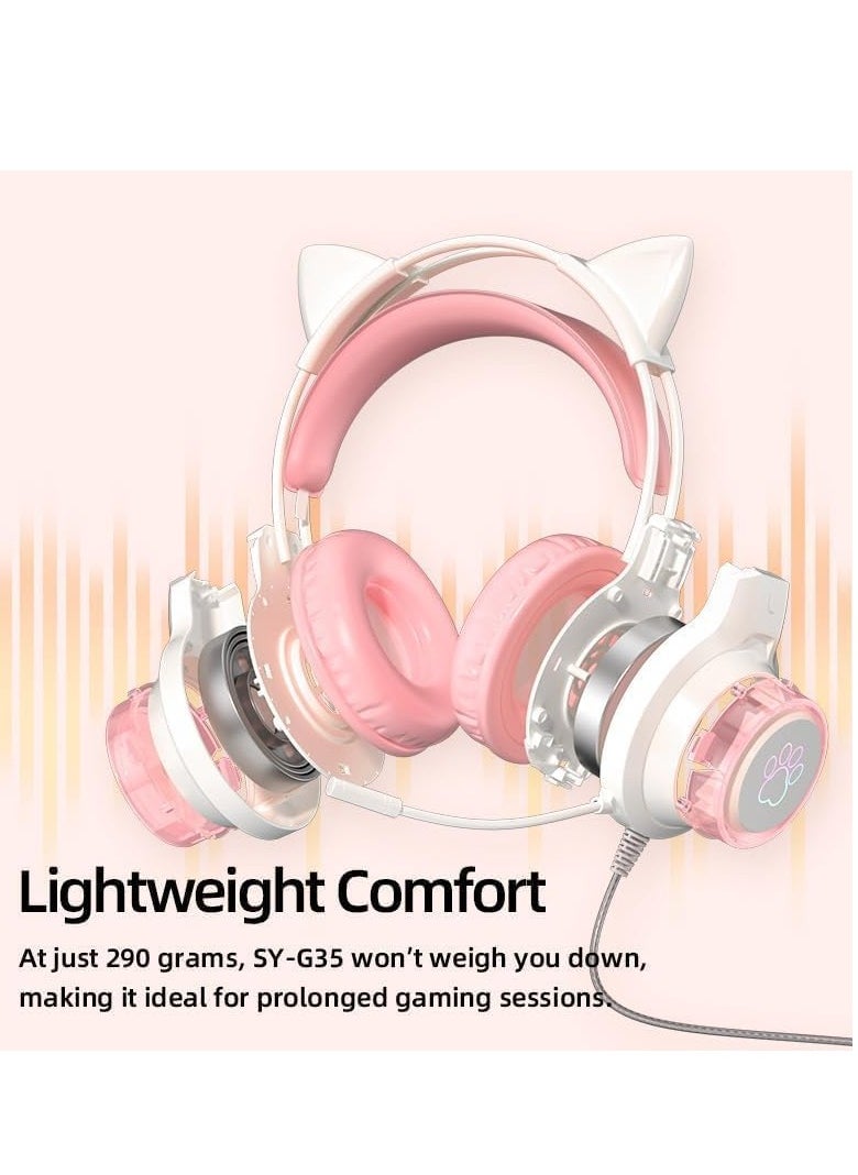 Wired Gaming Headset with Microphone, Professional eSports Noise Cancellation Headset Glows Clear Speech Luminescence Cat Ears Cat Slap Headphones Pink