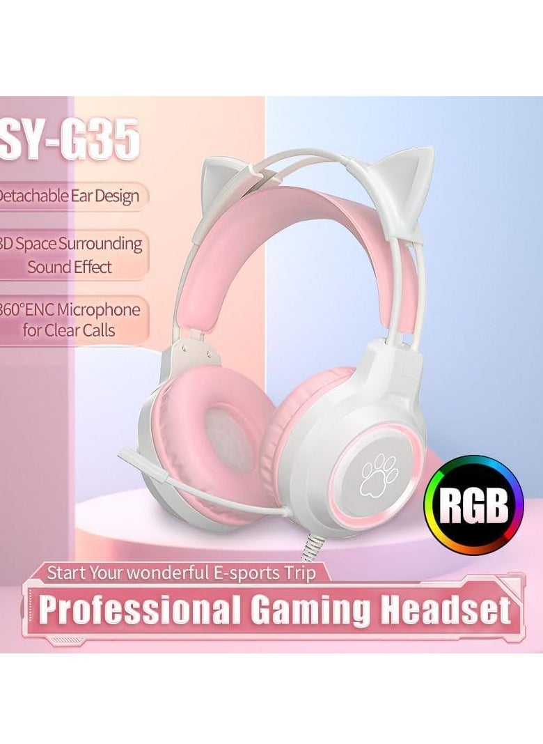 Wired Gaming Headset with Microphone, Professional eSports Noise-Canceling Headphones with Luminescent Cat Ears for Clear Communication - Pink Colorful Design