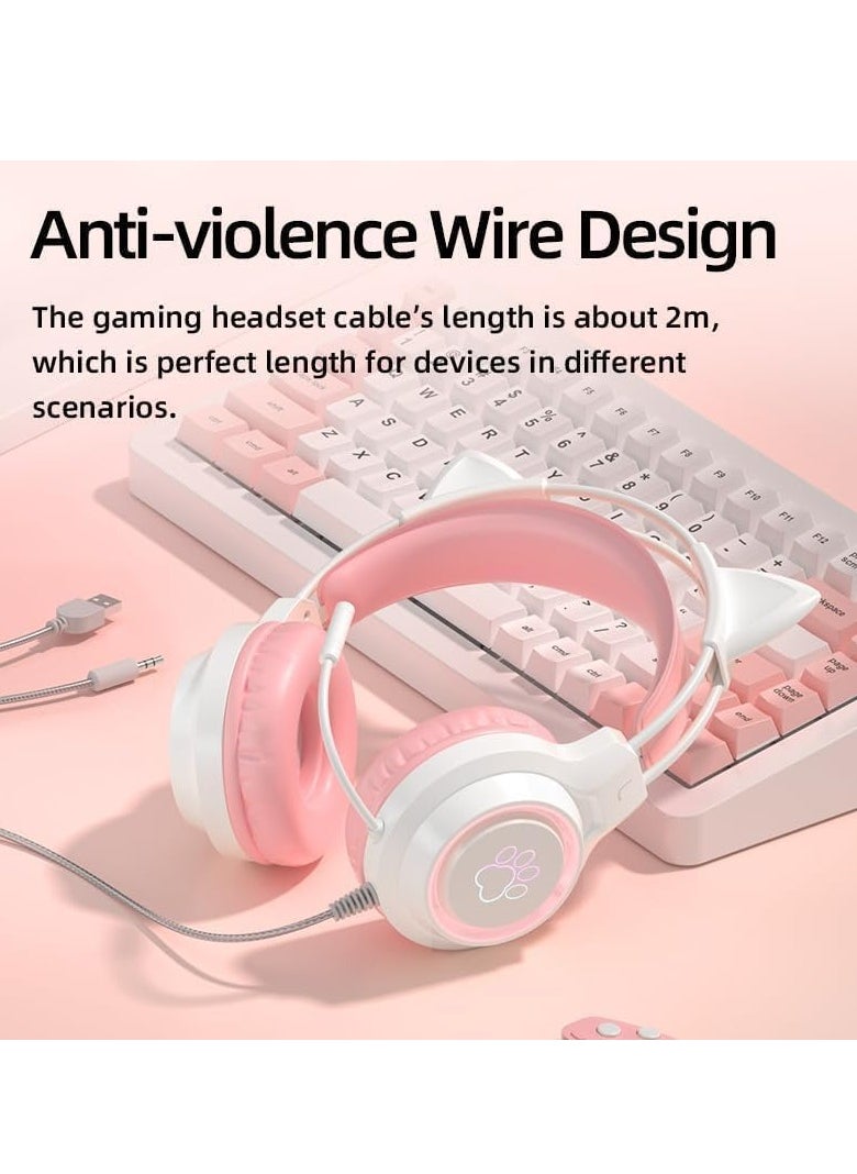 Wired Gaming Headset with Microphone, Professional eSports Noise-Canceling Headphones with Luminescent Cat Ears for Clear Communication - Pink Colorful Design