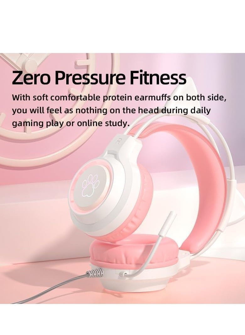 Wired Gaming Headset with Microphone, Professional eSports Noise-Canceling Headphones with Luminescent Cat Ears for Clear Communication - Pink Colorful Design