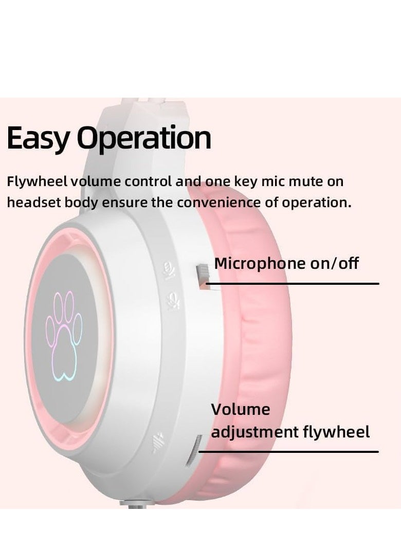 Wired Gaming Headset with Microphone, Professional eSports Noise-Canceling Headphones with Luminescent Cat Ears for Clear Communication - Pink Colorful Design