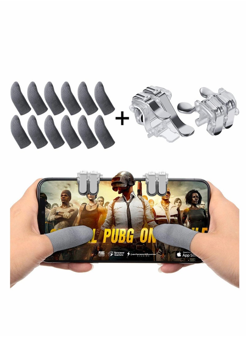 Finger Sleeves for Gaming, 12Pcs Highly Sensitive Anti-Sweat Breathable Finger Covers, with 2Pcs Mobile L1R1 Game Triggers for Phone Games, Six-finger Linkage, Shooter Sensitive Controller Joysticks