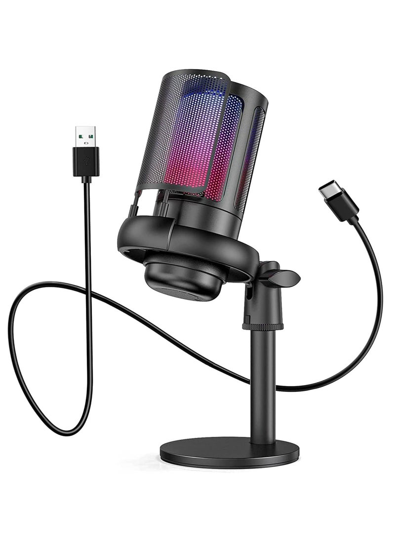 RGB Gaming Microphone for PC/PS5 with Volume Controlling, Pop Filter, Gaming Mic with Quick Mute, Condenser Podcast Microphone for Streaming Twitch/Discord/YouTube