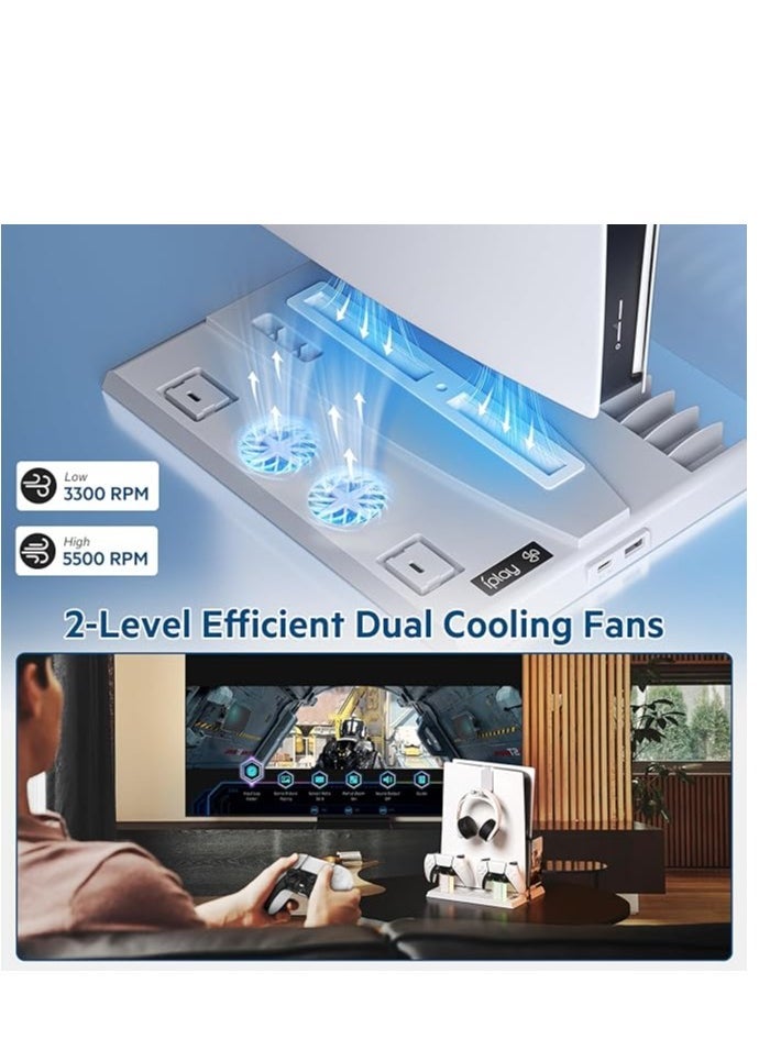 ps5 vertical stand with cooling fan multifunctional stand for playstation 5 ps5 console stand with cooling fan and dual controller chargers 15 game slots disc digital edition