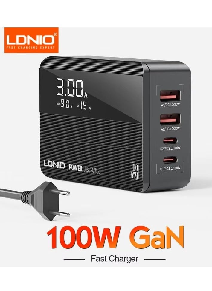 USB C Charger 100W GaN Charger, LDNIO Fast Charger 4-Port USB C Charging Station with LED Display, USB C Charger with 2 USB C, 2 USB Ports